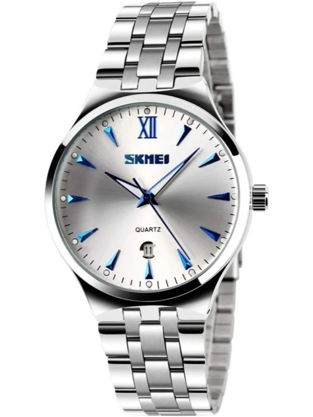Men's Silver Blue Analog Stainless Steel Roman Numeral Waterproof Luxury Watch